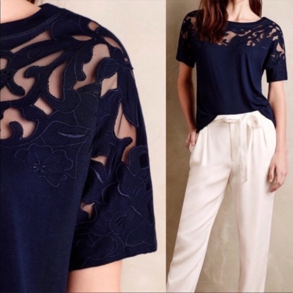 Anthropologie navy blue lace appliqué top - Picture 2 of 6